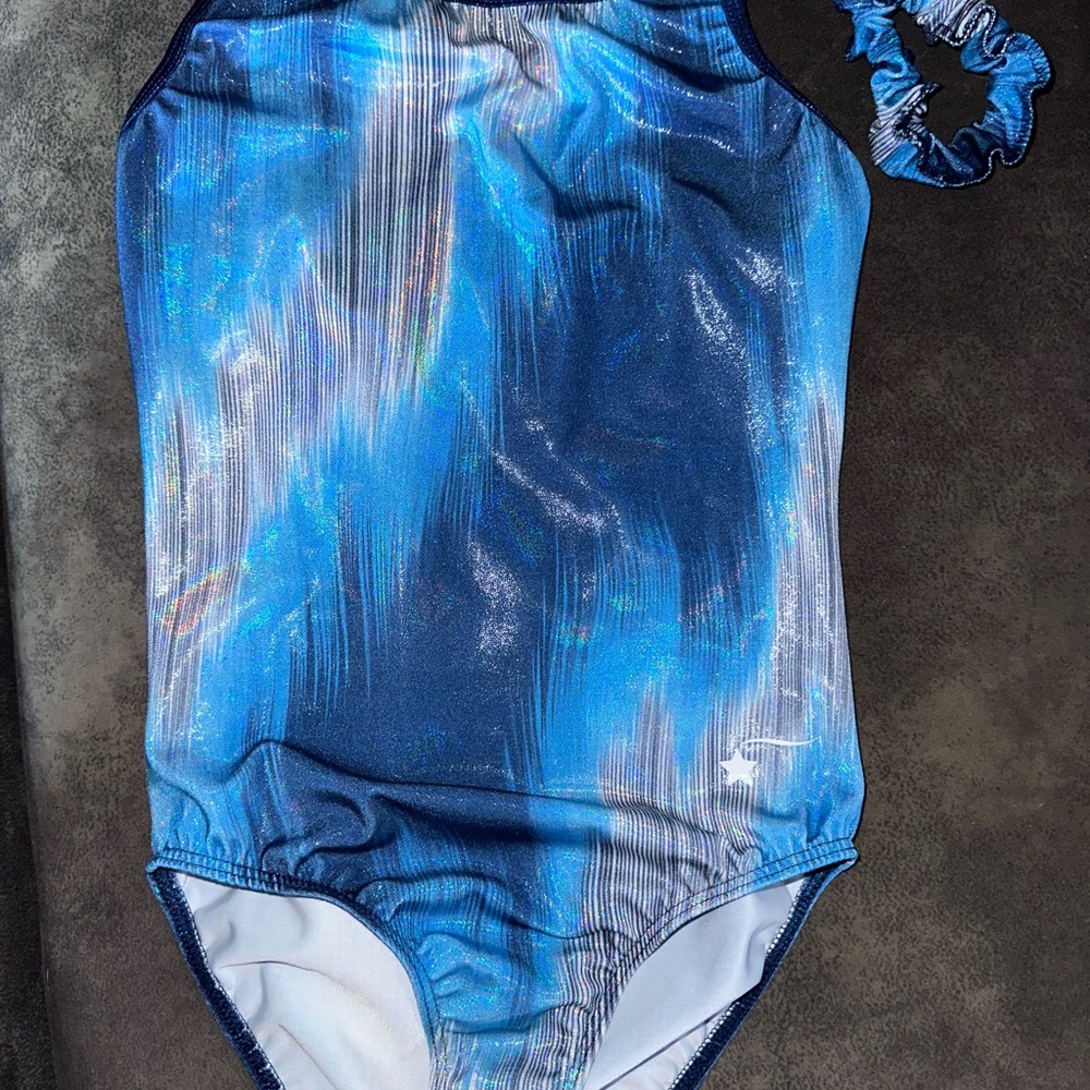 Blue and silver shiny gymnastics leotard